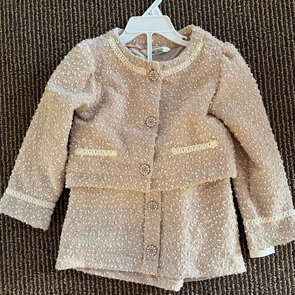 LE CHIC GIRLS BEIGE TWEED JACKET & SKIRT SET NWOT